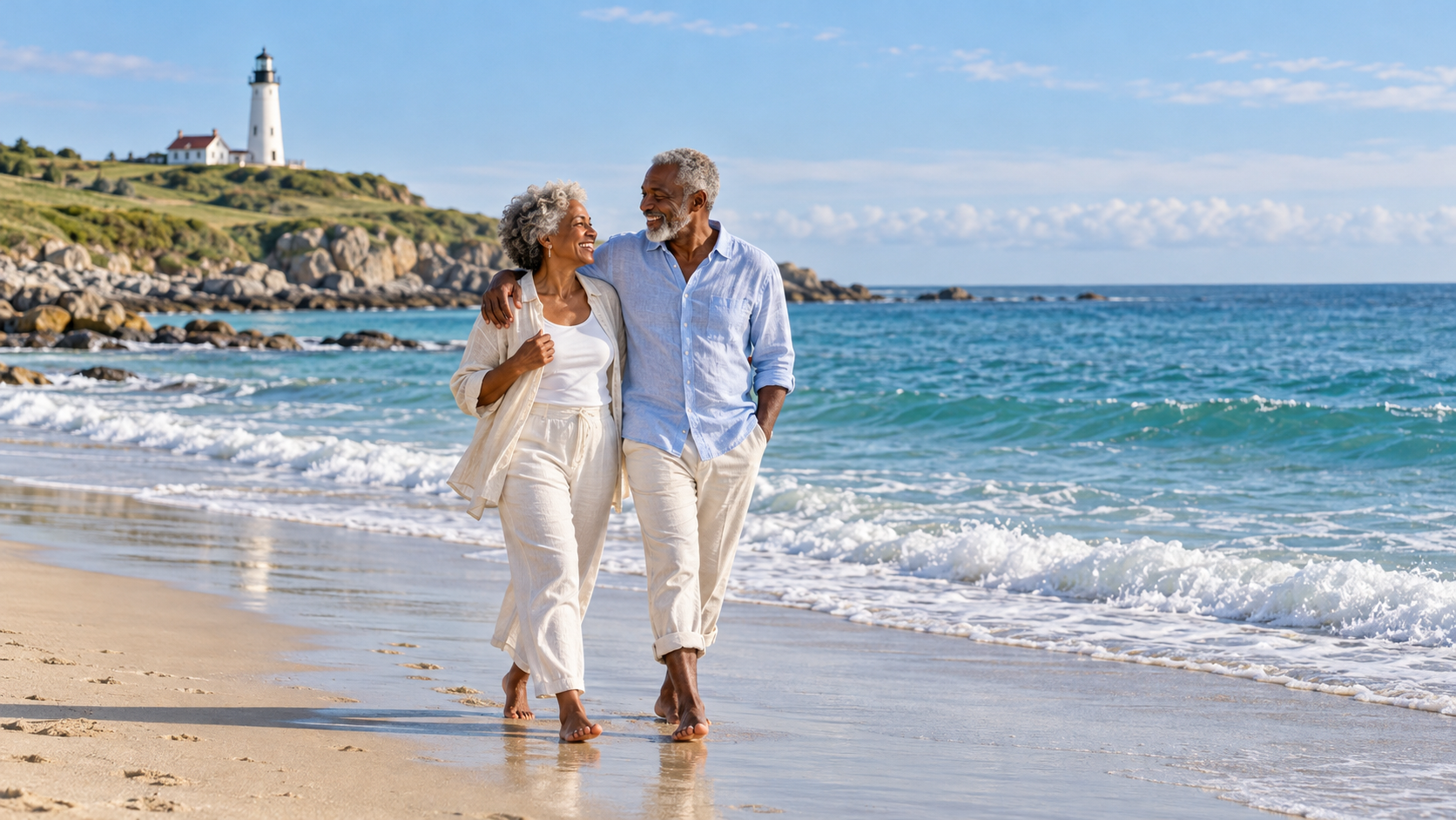 An older couple enjoying a walk along the beach