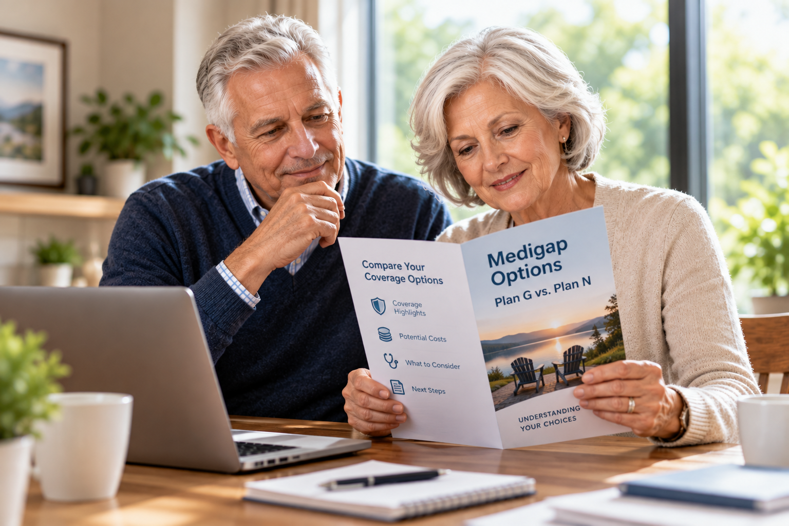 A couple discussing health insurance choices together at home.