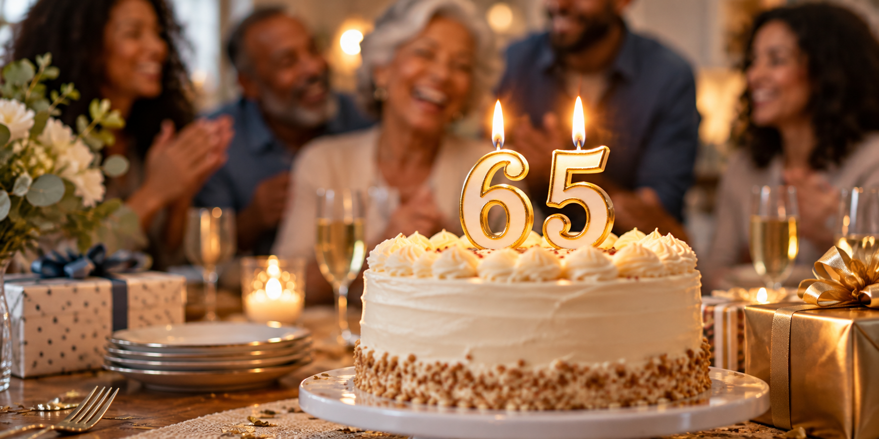 A birthday cake with lit number 65 candles, with family celebrating in the background.