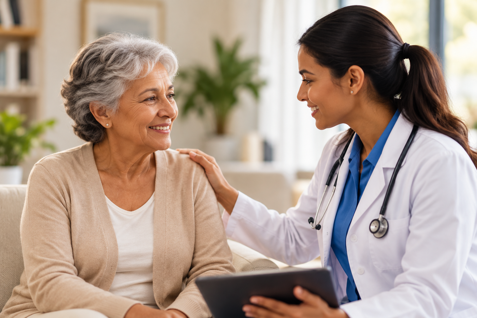 An older woman speaking with a doctor during a consultation.