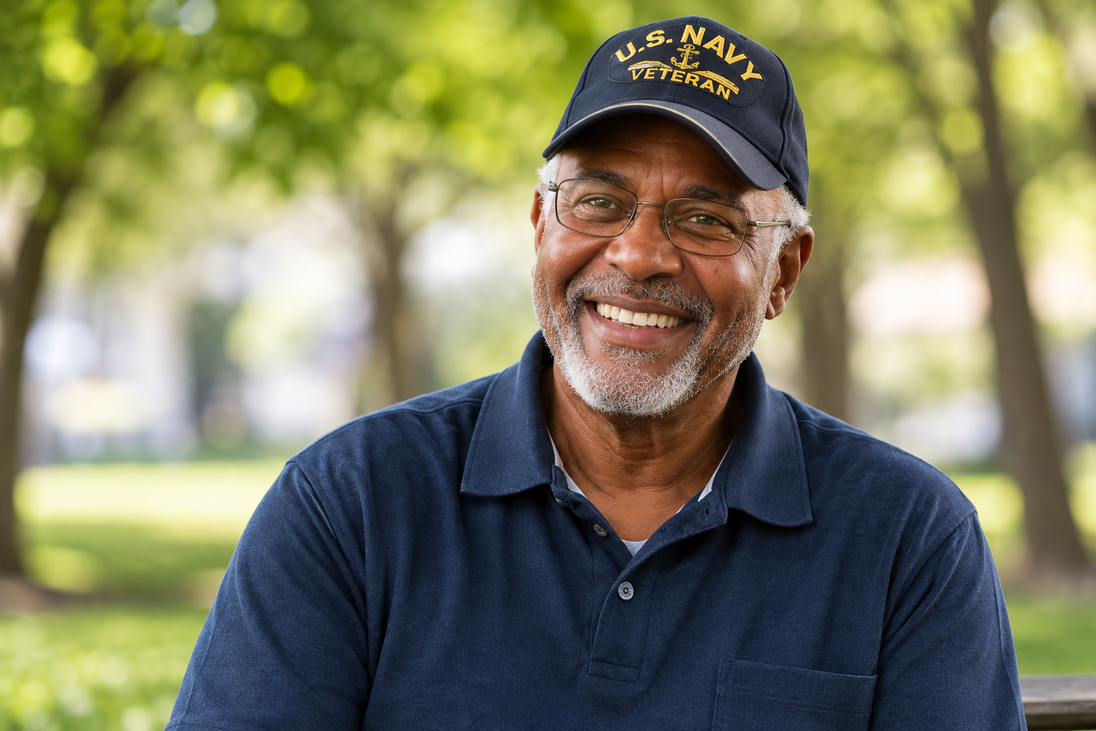 An older man smiling in a park while wearing a U.S. Navy veteran cap.