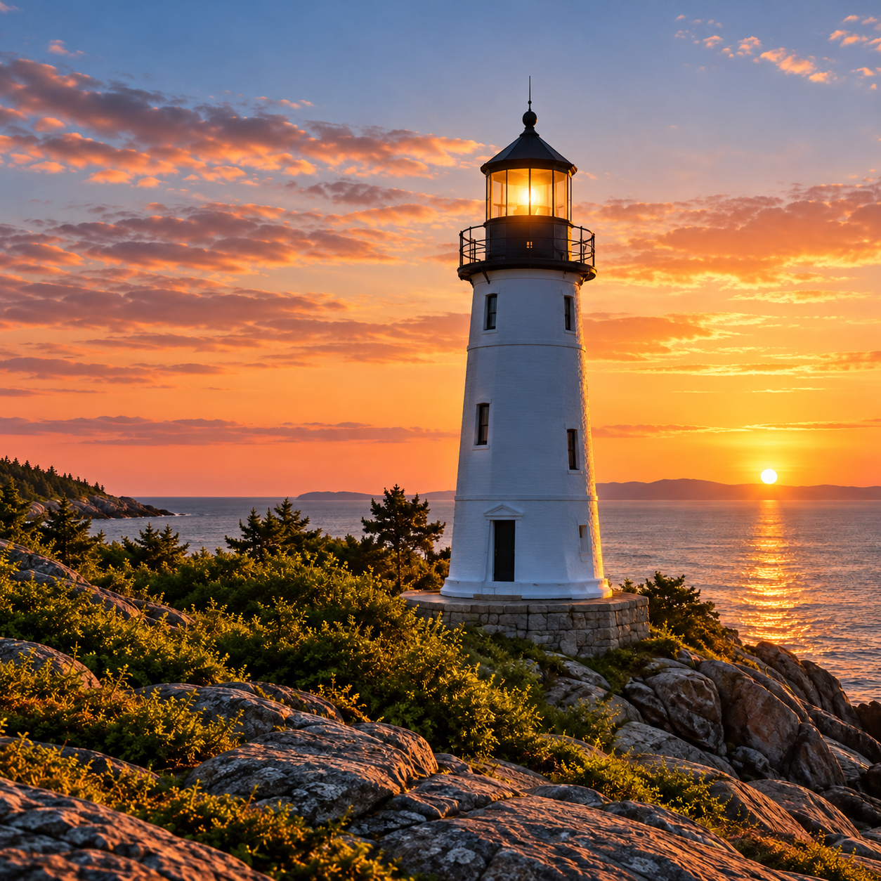An illuminated white lighthouse on a rocky coastline at sunset.