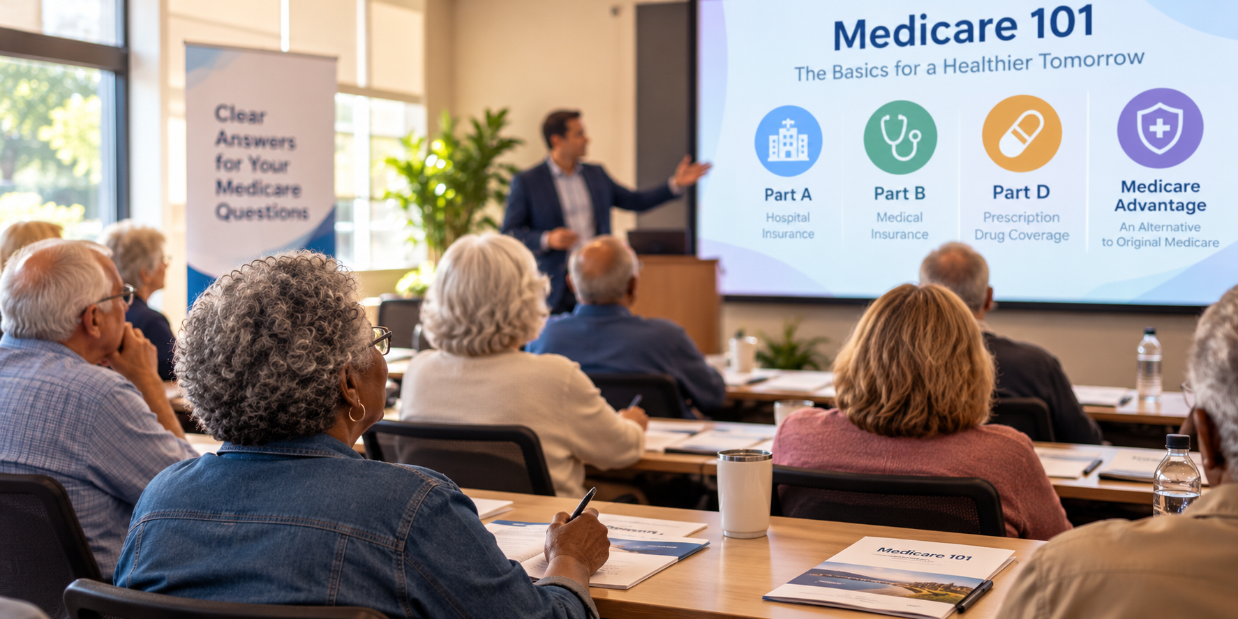 Older adults seated classroom-style as a presenter explains Medicare basics at a Medicare 101 seminar.