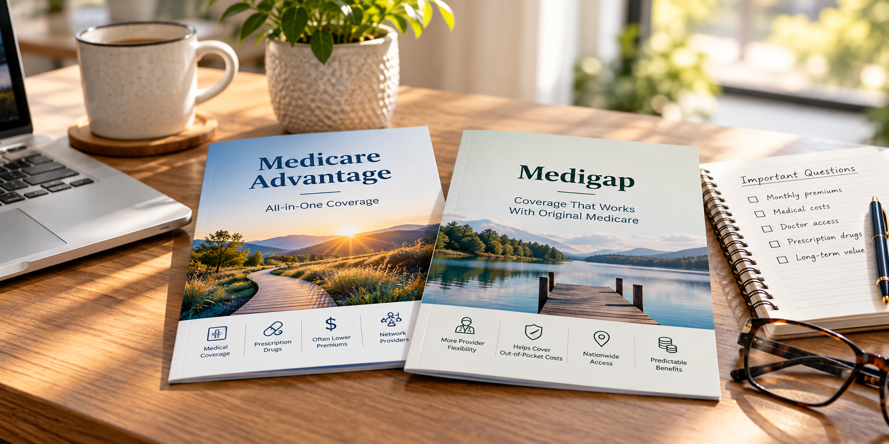 Medicare Advantage and Medigap brochures beside a notebook of coverage comparison questions.