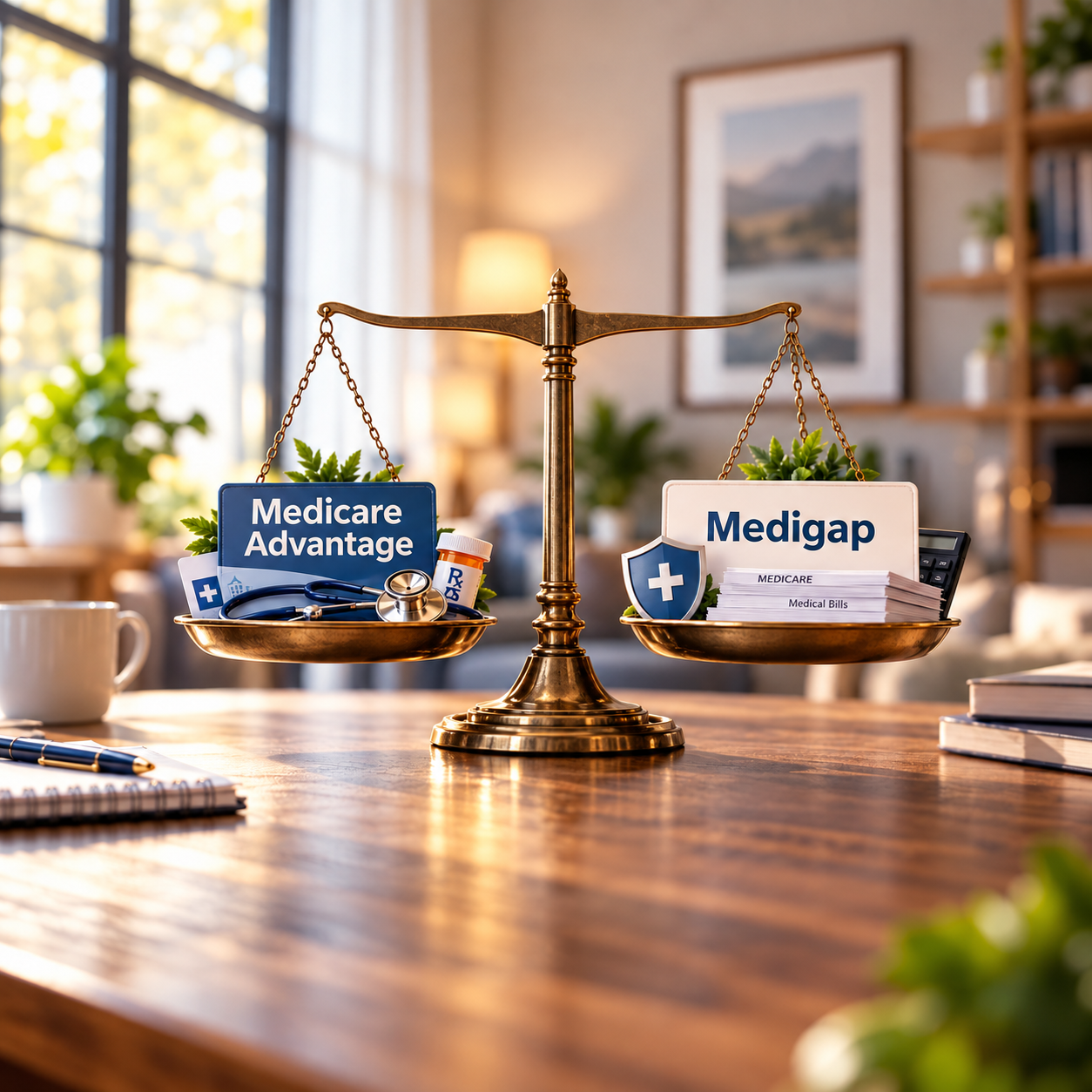 A balanced scale with Medicare Advantage on one side and Medigap on the other, on a desk in a sunlit office.