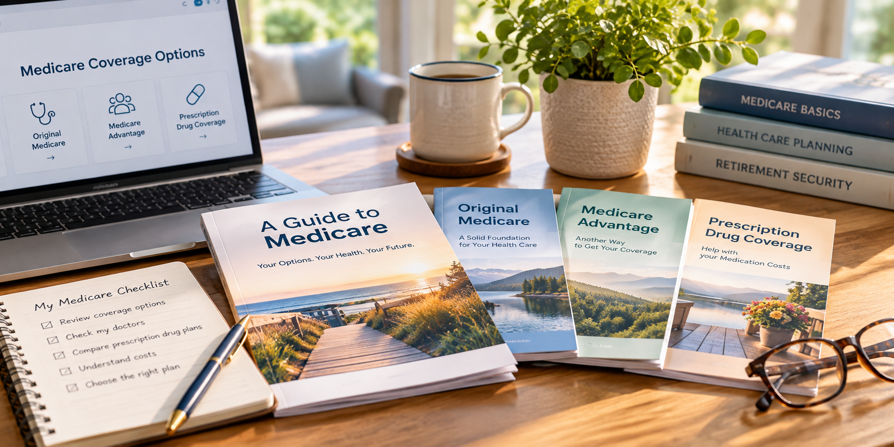 A Medicare planning workspace with documents arranged for a coverage review.