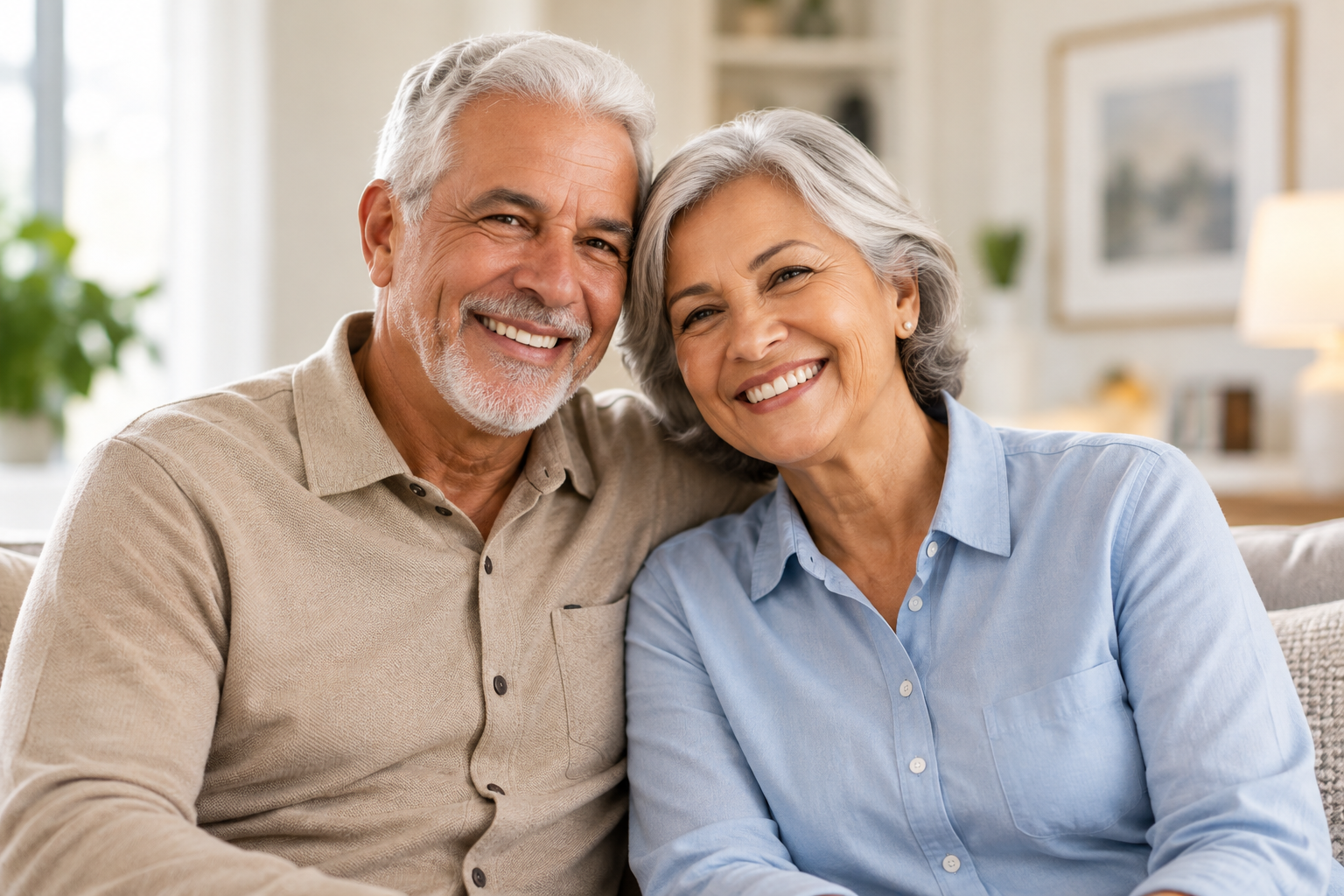An older couple smiling together at home.