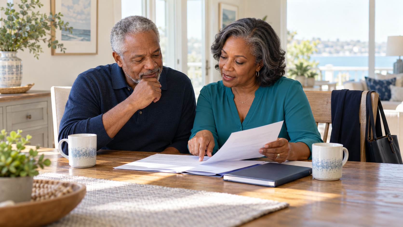An older Black couple reviewing insurance documents together at home.
