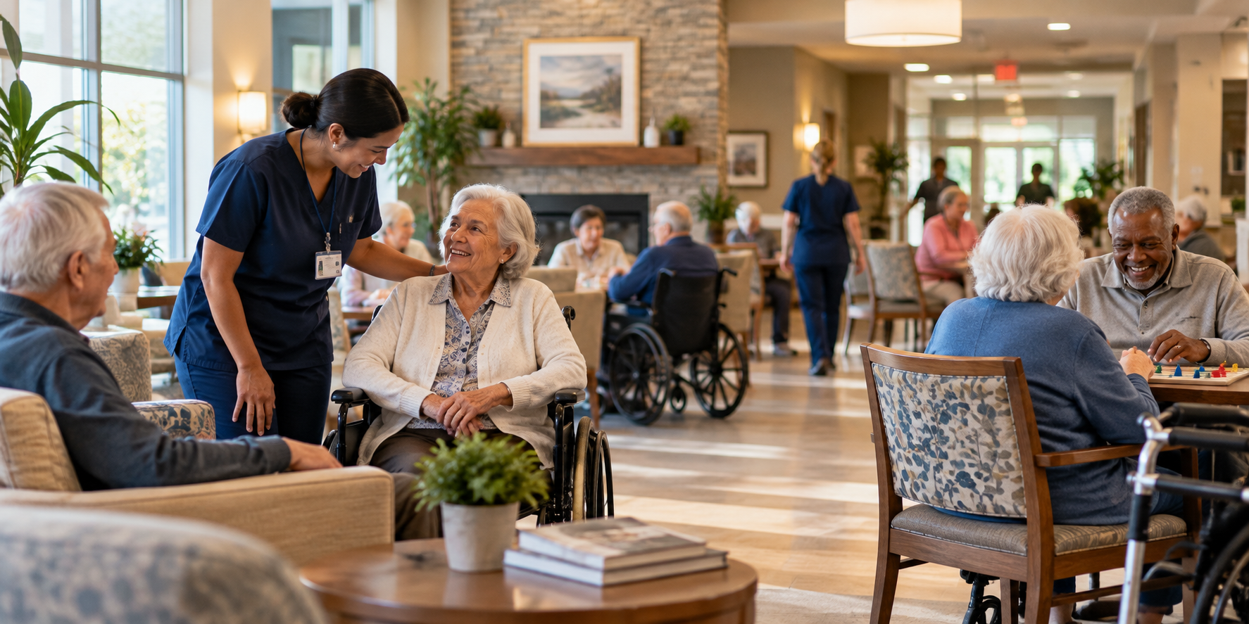 Residents socializing and playing a board game while care staff assist in a senior-care lounge.