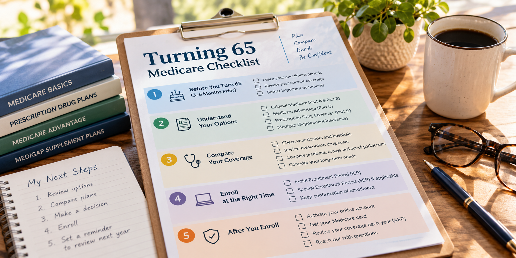 A Turning 65 Medicare checklist on a clipboard beside coverage guides and a notebook.