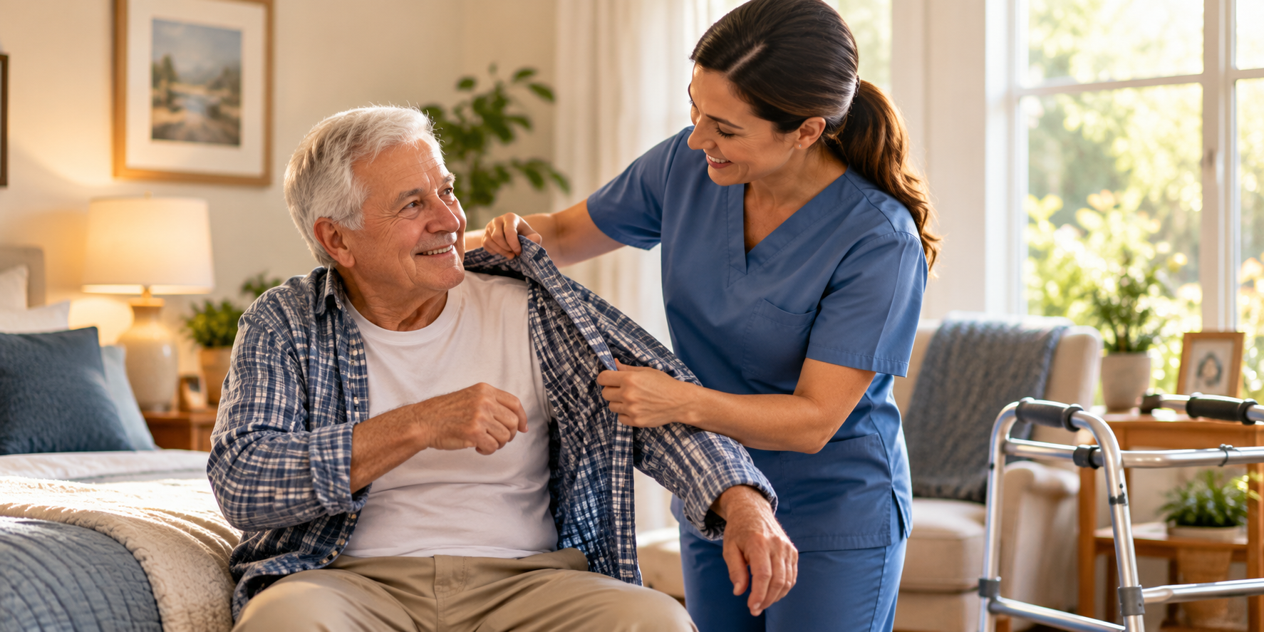 A caregiver assisting an older man with getting dressed at home.